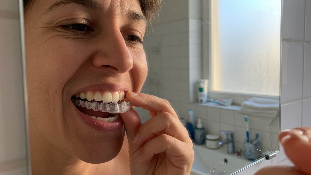Patient ajustant une gouttière dentaire transparente pour un alignement invisible