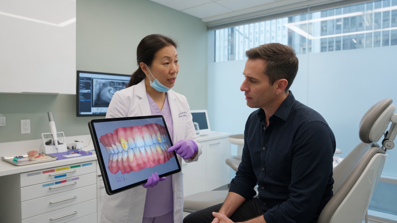 Orthodontiste montrant un scan 3D d'arcade à un patient adulte