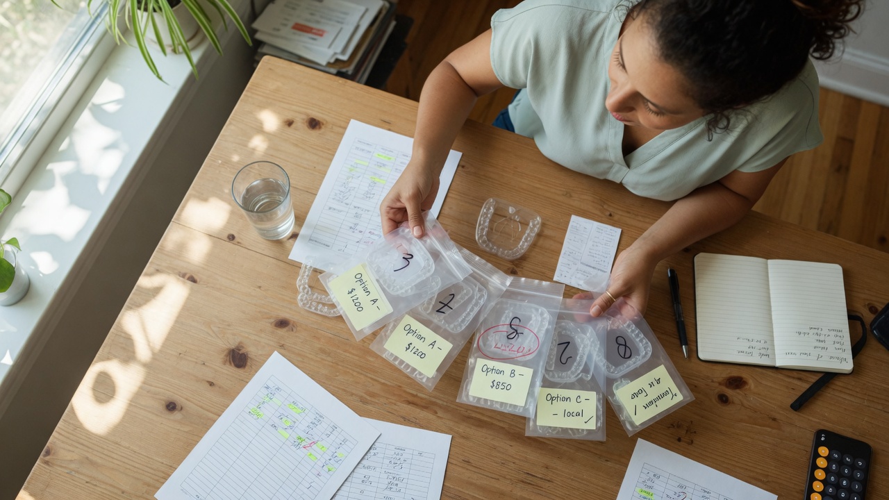 Plusieurs jeux d'aligneurs transparents comparés sur une table