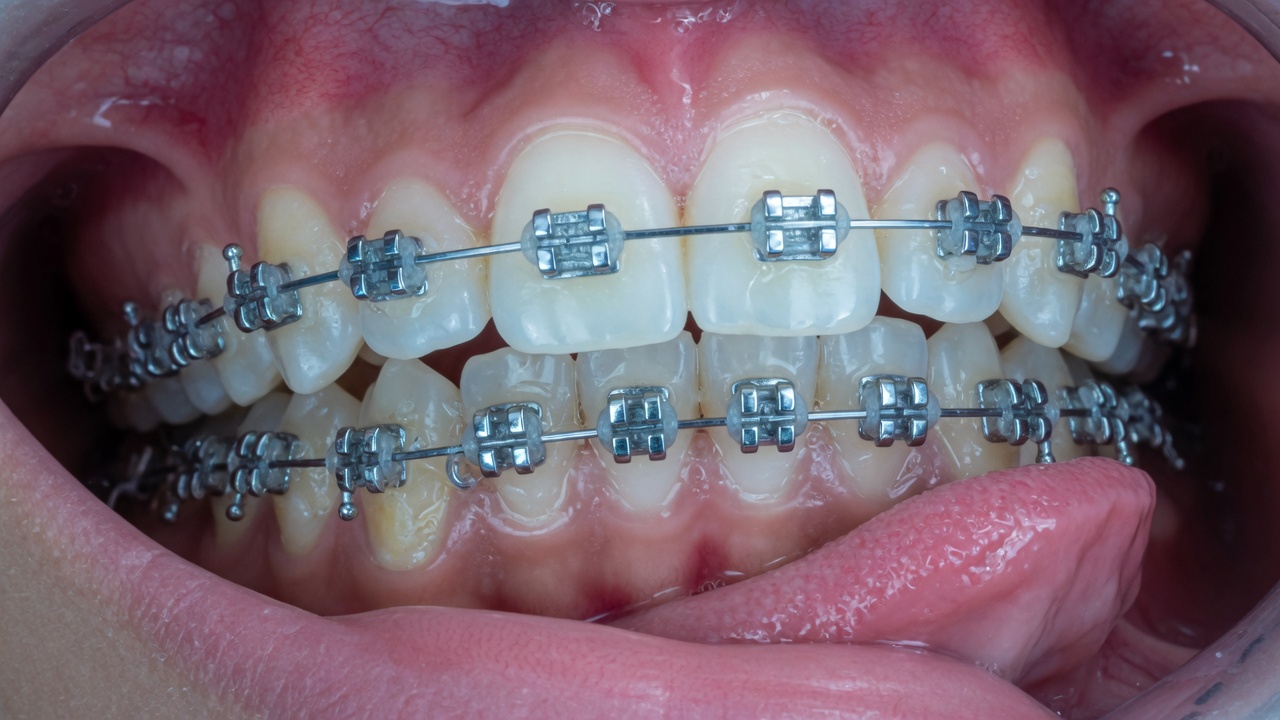 Attaches linguales collées sur la face interne des dents, vue clinique