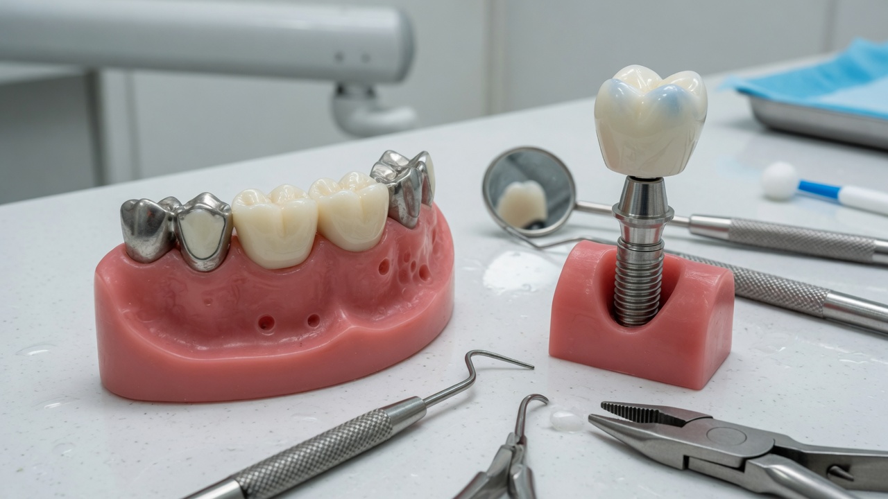 Comparaison entre un bridge dentaire et un implant sur modèles pédagogiques