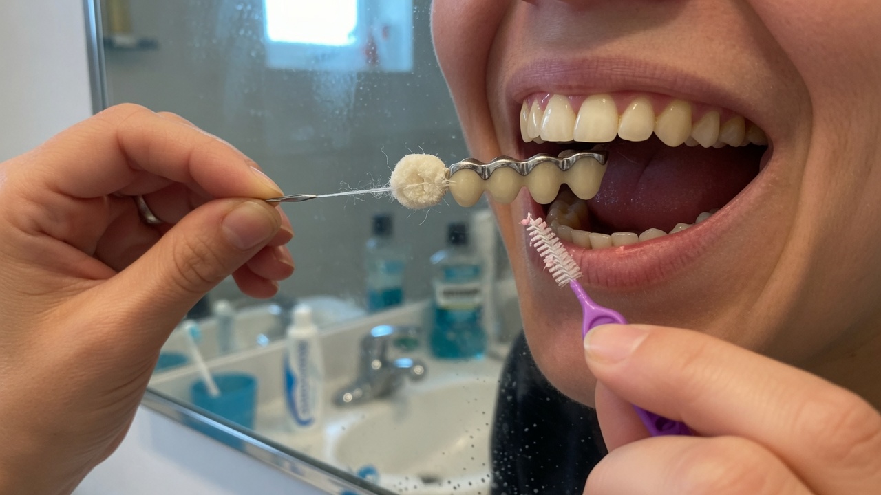 Hygiène quotidienne sous un bridge dentaire avec fil et brossette