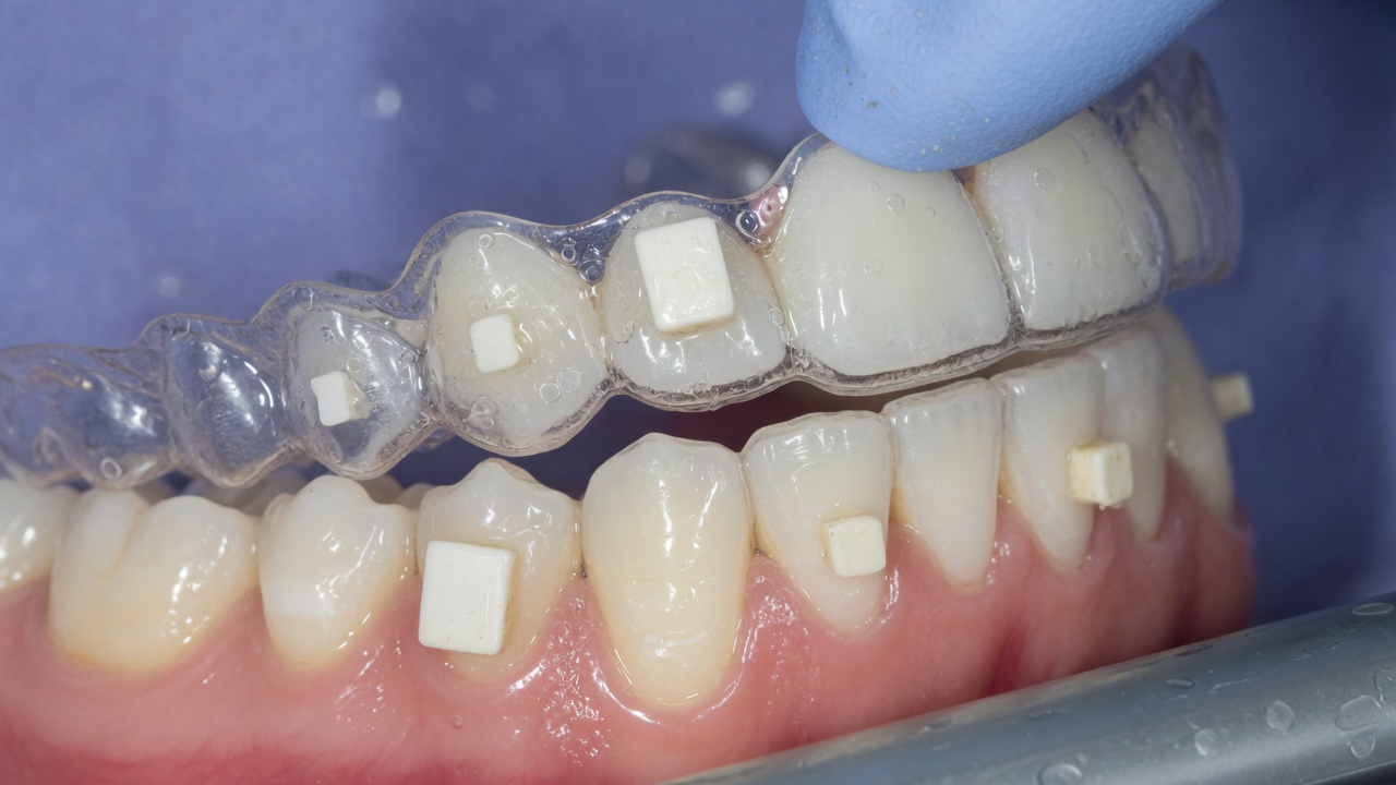 Aligneur transparent en place sur des dents portant des taquets en composite