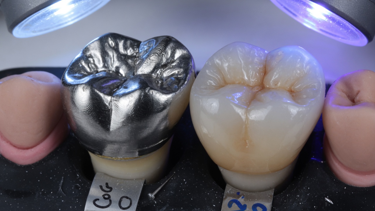Couronne métallique et couronne céramique comparées sur un modèle dentaire