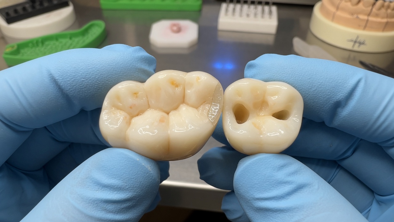 Trois types de couronnes sur modèle : métal, céramo-métallique et zircone