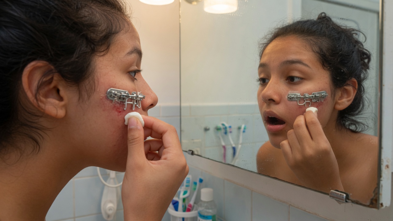 Application de cire orthodontique sur un ressort de bague dentaire pour limiter le frottement