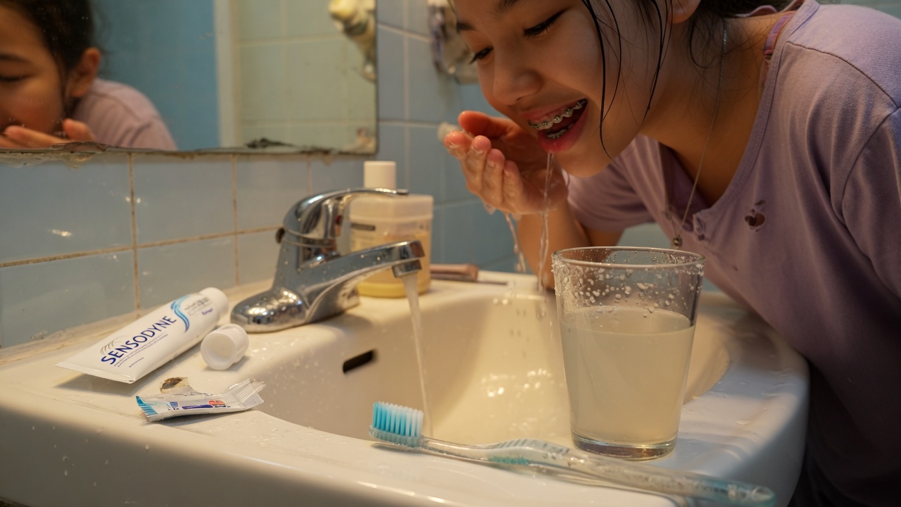 Rinçage à l’eau salée pour apaiser la douleur liée à un ressort d’appareil dentaire