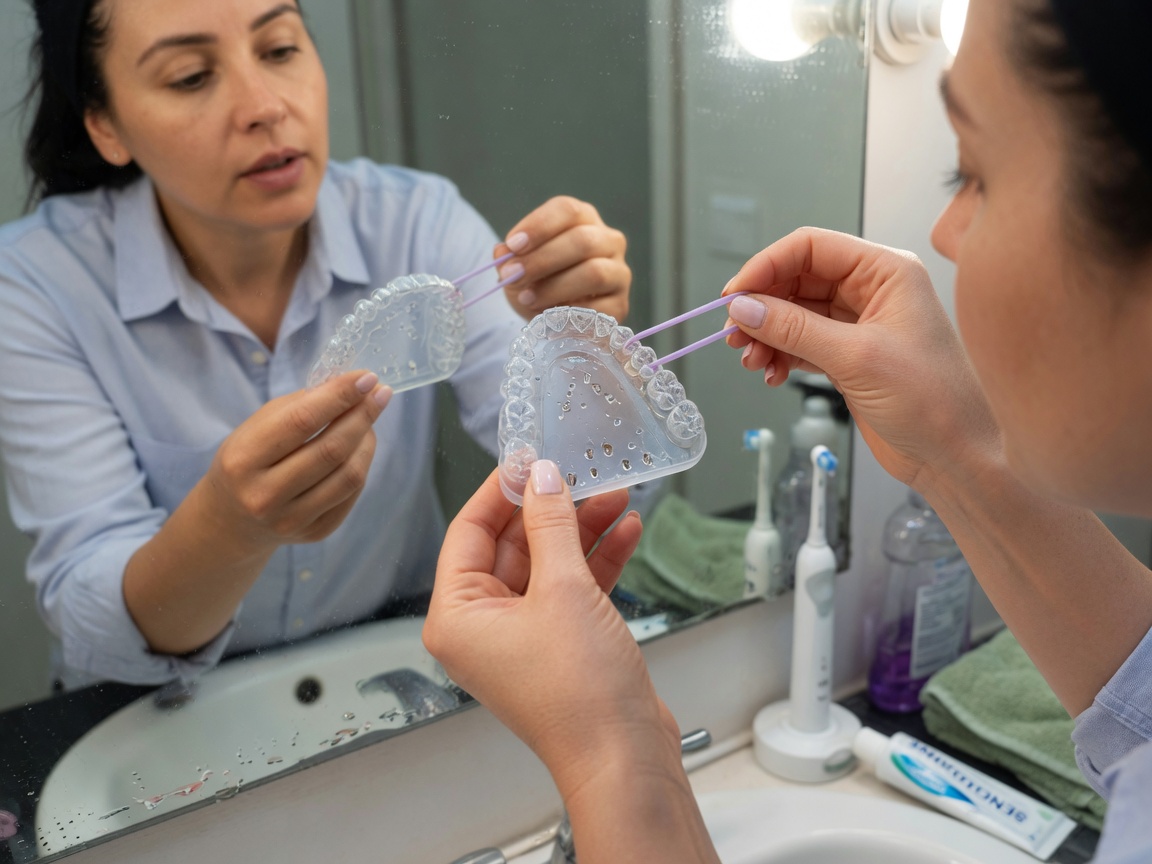 Mise en place d’un élastique sur un aligneur transparent