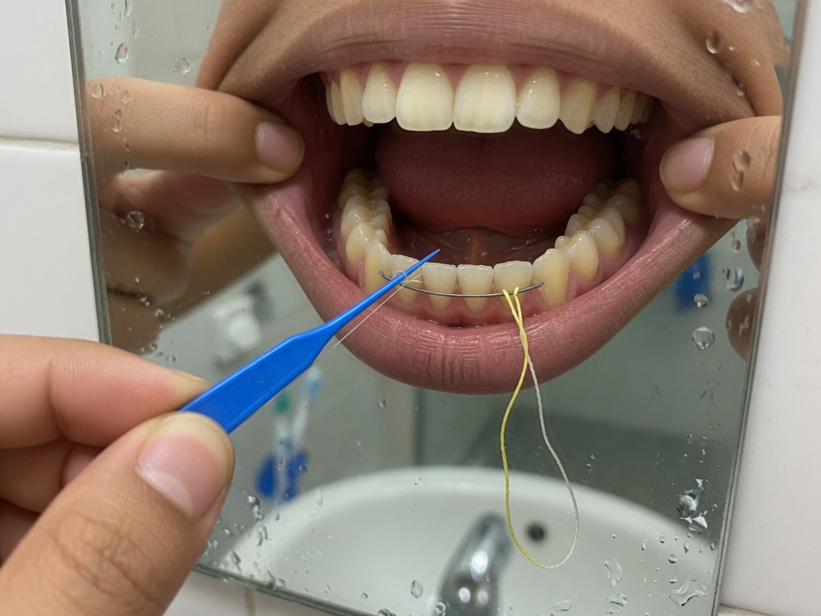 Nettoyage au fil dentaire autour d’une contention collée
