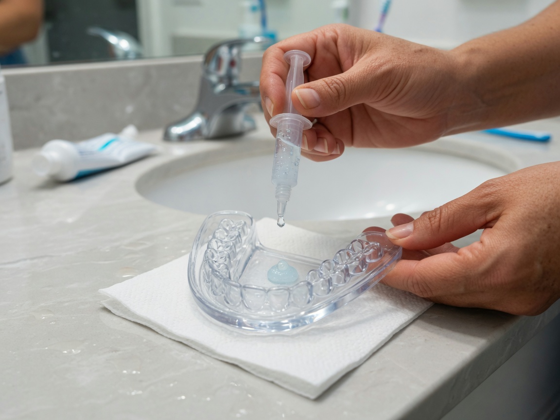 Application du gel de blanchiment dans une gouttière d’éclaircissement