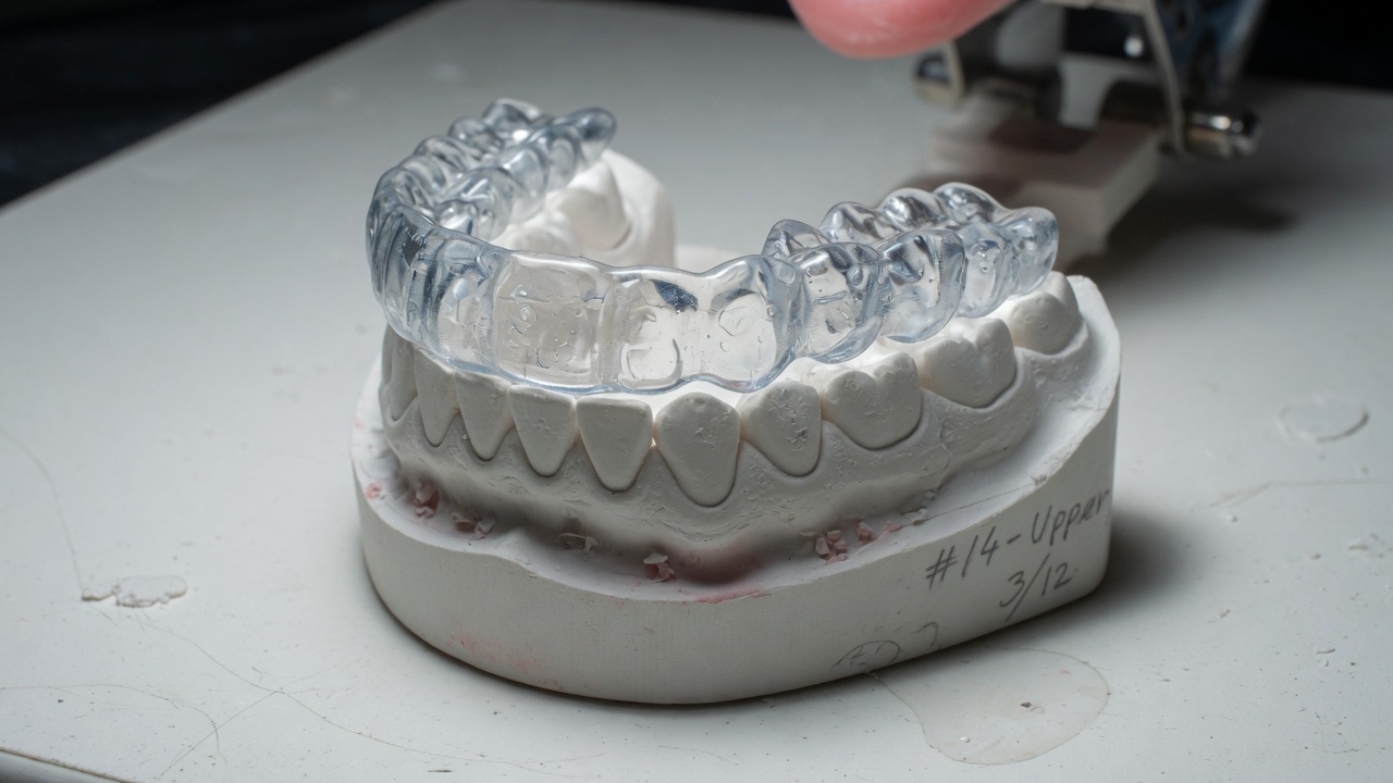 Gouttière occlusale sur-mesure posée sur un modèle en plâtre