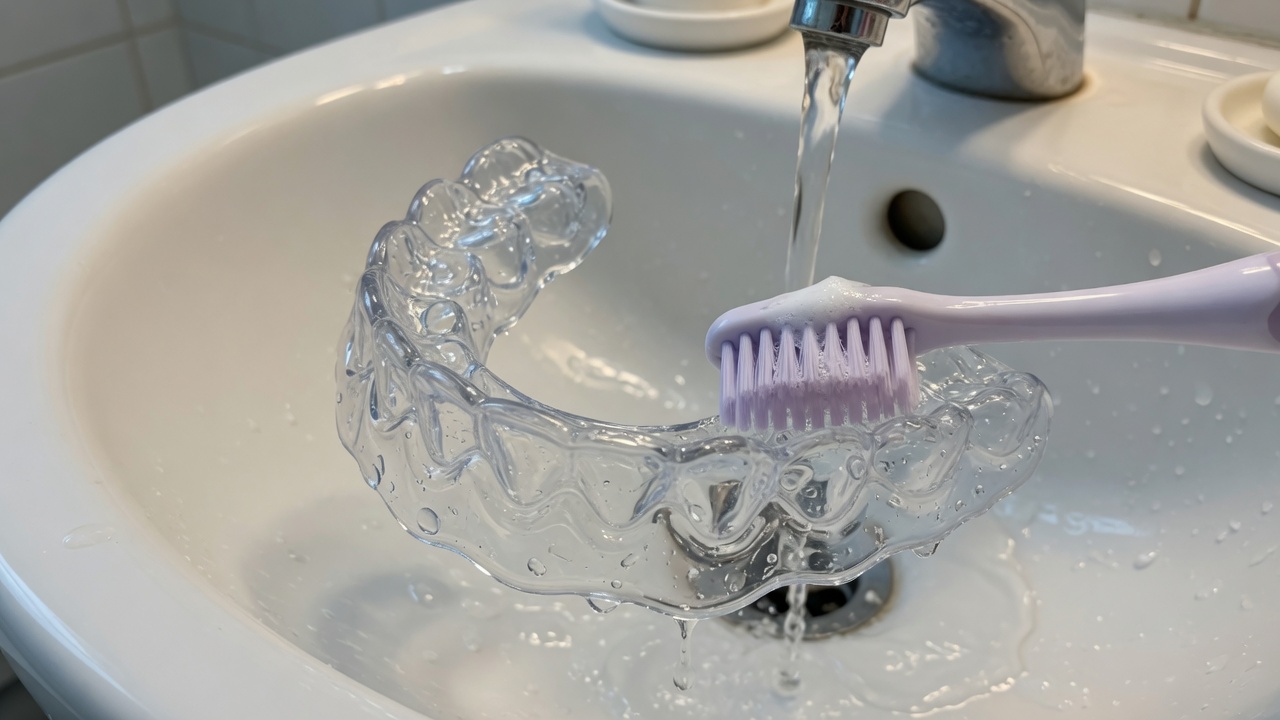 Nettoyage quotidien d'une gouttière de bruxisme à l'eau tiède