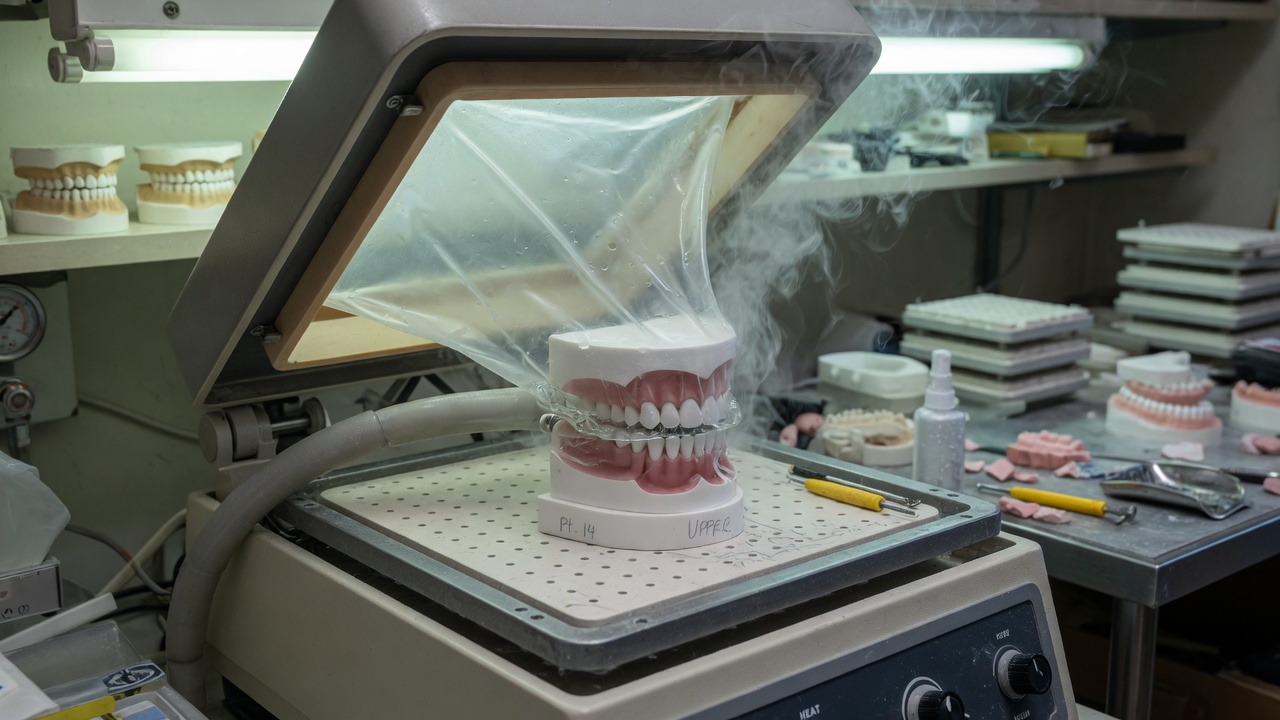 Thermoformage d'une gouttière dentaire au laboratoire de prothèse, étape de fabrication et non de prescription