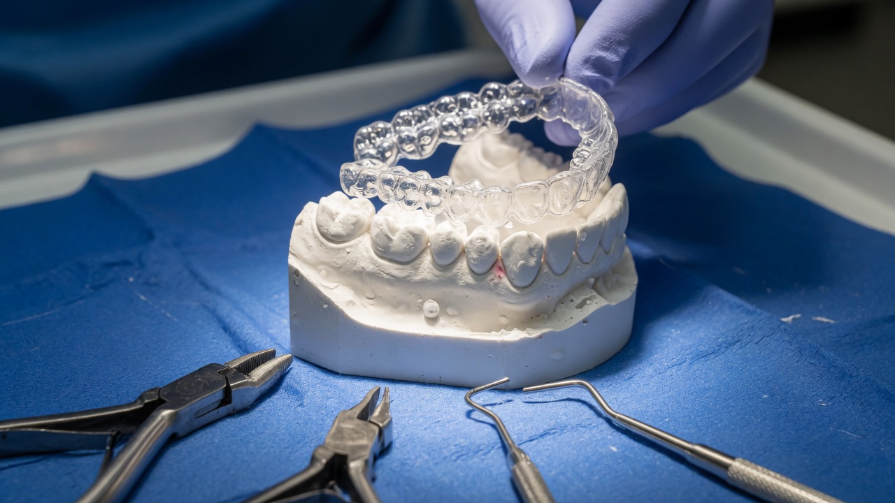 Gouttière dentaire transparente posée sur un modèle d’arcade avant chirurgie orthognatique