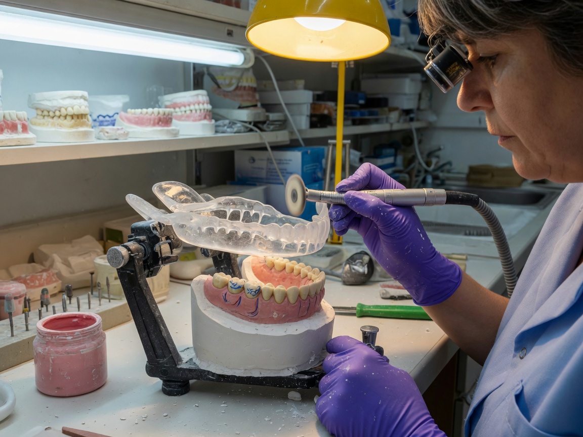 Gouttière occlusale rigide en cours de finition au laboratoire